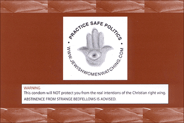 Back of red postcard warning safe politics and abstinence from the Christian Right wing