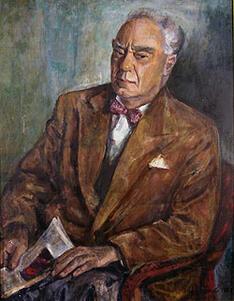 Oil portrait of a man in a brown suit with a newspaper