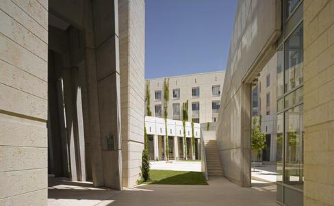 Courtyard with plants in an academic campus, minimalistic and angular