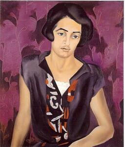 Portrait of a dark-haired girl wearing a collared purple dress against a purple background