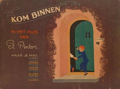 book cover with a brown background and a picture of a child entering a house