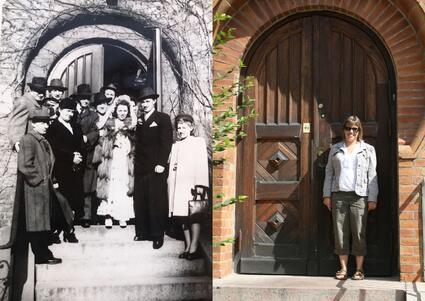Jen Richler's grandparents in front of the Malmo synagogue where they got married, 1948; Jen in front of same synagogue, 2011