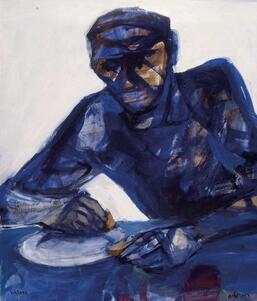 Painting of a man eating hummus