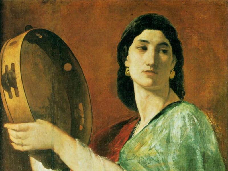 Painting of Miriam looking to the right of the frame with timbrel in hand