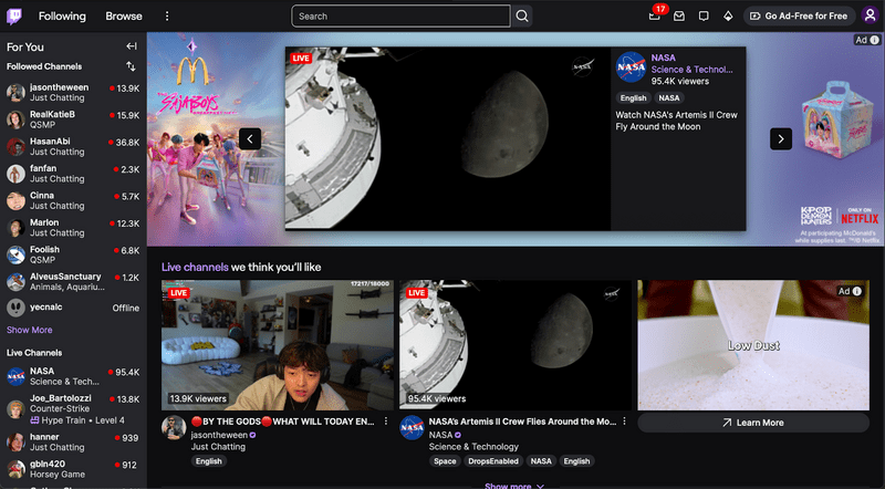 Dabareiner’s Twitch interface. A user interface offers many ways to discover new streamers, find their favorite streamers, and interact with the Twitch community.