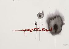 Abstract painting of three flower-like shapes in black and grey, with a line of connected red dots