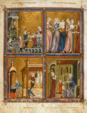Folio leaf from a 1320s Sephardi Golden Haggadah with four miniature paintings depicting scenes from the Book of Exodus, set against gold-tooled backgrounds