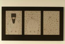 A triptych of three paintings, featuring a rabbi and three birds on a background of flowers. From left to right, the rabbi disappears.