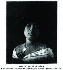 newspaper photograph of a Black woman wearing a hat, with the words "Miss Gladys M. Sellers, Umbrian Glee Club, at Olivet Baptist Church, Monday, June 9th"