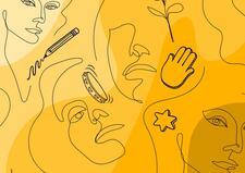 Outlined drawings of women's faces and hamsas on a yellow-orange background