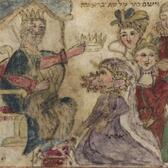 Esther kneels before King Ahasuerus as he crowns her, with the caption in Hebrew: "He placed the queen's crown on her head." 