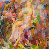 An abstract painting in a rainbow palette showing a woman seated, a man standing behind her, being presented with a baby