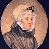 A drawing of Grace Seixas Nathan, wearing a black dress with a ruffled collar and a white bonnet