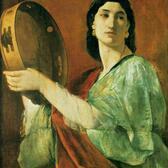 Painting of Miriam looking to the right of the frame with timbrel in hand