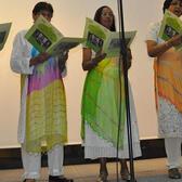 Women from the Cochin Jewish community perform on stage during a culture event at Bar-Ilan University. Photo by Victor Yitzhak, Cochin Jewish Heritage Center.