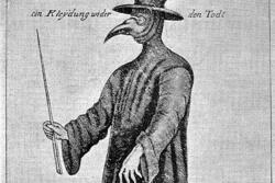 Illustration of a Plague Doctor wearing beak mask.