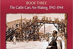 a red book cover with an inset image of people at a raised train platform