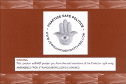Back of red postcard warning safe politics and abstinence from the Christian Right wing