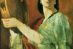 Painting of Miriam looking to the right of the frame with timbrel in hand