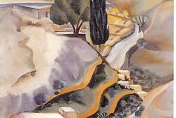 A landscape painting in natural tones of hills, square houses, and two trees