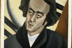 A surrealist-inspired portrait of Avraham Shlonsky with an enlarged forehead, wearing a dark coat and holding a cigarette