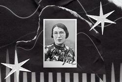 Collage with photo of Charlotte Charlaque surrounded by black and white designs.