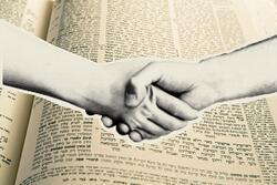Collage with page of Talmud and two hands shaking