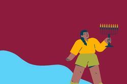 Collage with Maroon Background and Illustrated Young Woman Carrying a Menorah
