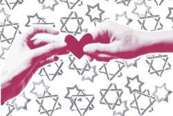 Collage of hands holding a heart with stars of david in the background