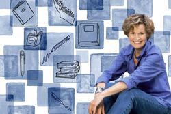 Collage of Judy Blume on dark blue checkered background