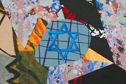 Collage with a Jewish star in the center surrounded by pieces of paintings. 