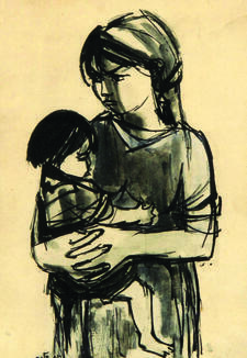 Ink drawing of a mother with a young child