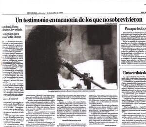 news clipping with a photo of a woman with dark curly hair at a microphone 