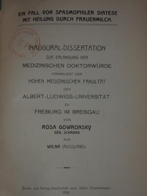 cover of a published dissertation from the Albert-Ludwigs-Universitat in Freiburg Im Breisgau, by Roza Gowronska (spelled Rosa Gowronsky here)
