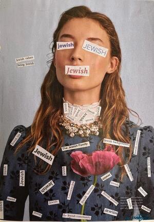 A woman with a calm expression wears labels reading "Jewish" on her face and blue dress. The dress features a large pink flower, intricate detailing, and conveys themes of identity.