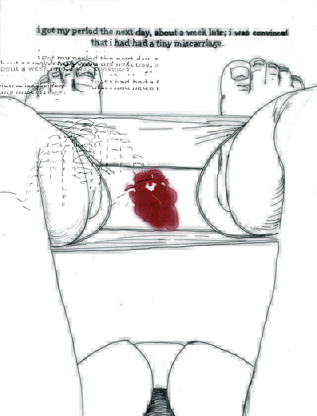 comic trip shows view of person looking down at bloodied underwear; words at the top read "i got my period the next day, about a week late; i was convinced i had had a tiny miscarriage"