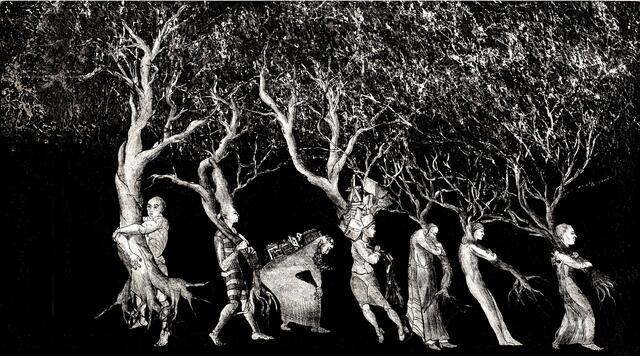 Seven people, six carrying entire trees, one with a town on his back. One person carrying a tree is also carrying a stack of books. Six walk to the right, one to the left.