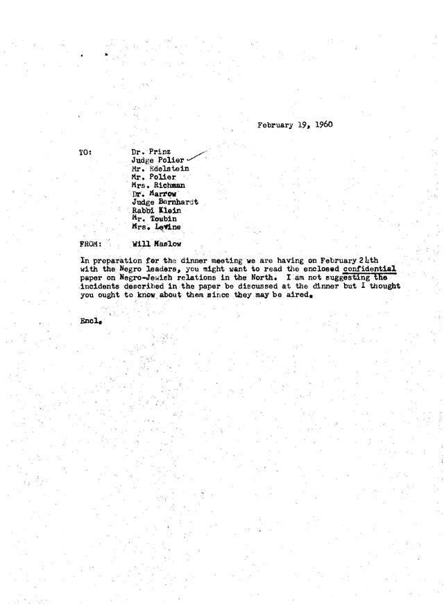 "Negro-Jewish Relation in the North," by Will Maslow, Cover Letter, January 11, 1960, page 1 of 5