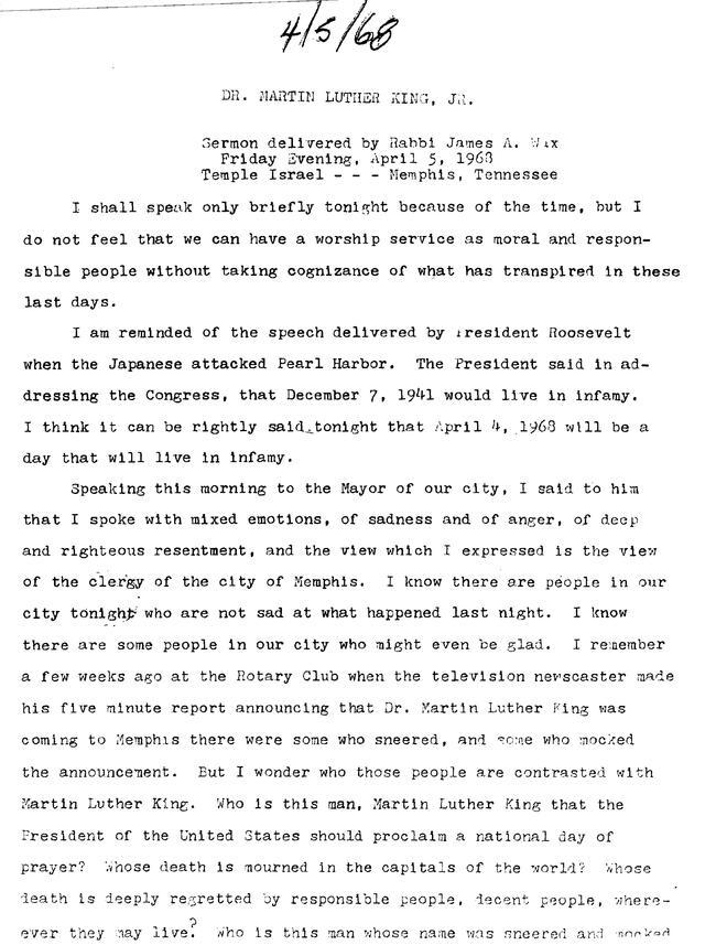 Rabbi James Wax's Sermon on Dr. Martin Luther King Jr., 1968, Page 1