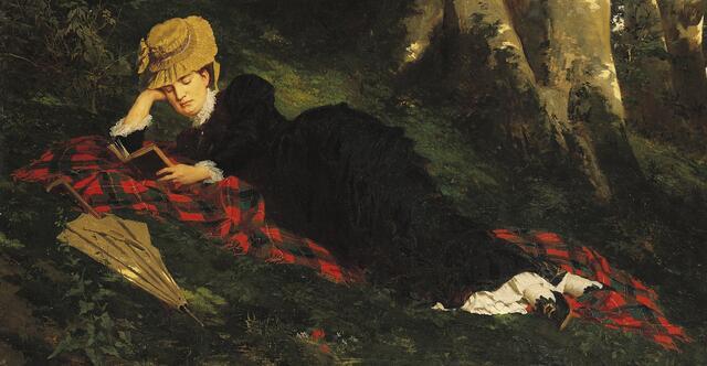 "Woman Reading in a Forest," 1875, by Gyula Benczur, cropped 