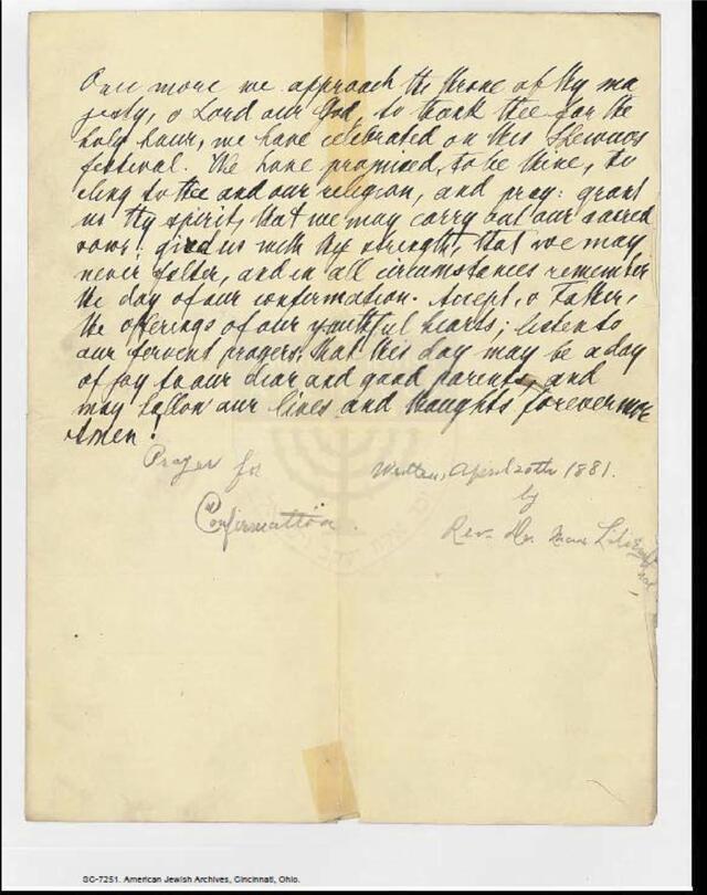 Prayer for Confirmation by Rev. Dr. Max Lilienthal, 1881