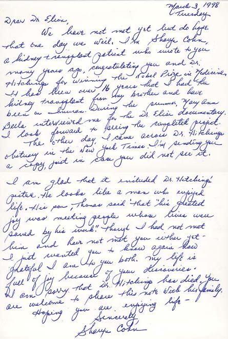 Letter from Sharyn Cohn to Gertrude Elion, March 3, 1998
