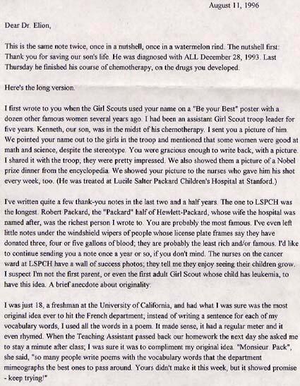 Letter from Ted Pack to Gertrude Elion, August 11, 1996, page 1
