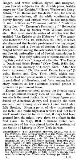 Encyclopedia Entry on Emma Lazarus by Henrietta Szold in the 1906 "Jewish Encyclopedia", Page 3