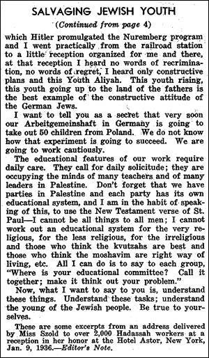 Salvaging Jewish Youth by Henrietta Szold, February, 1936, Part 3 of 3