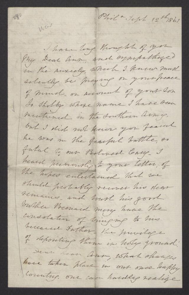 Rebecca Gratz Civil War Letter to Anna Maria Boswell Shelby Gratz—September 12, 1861. 
