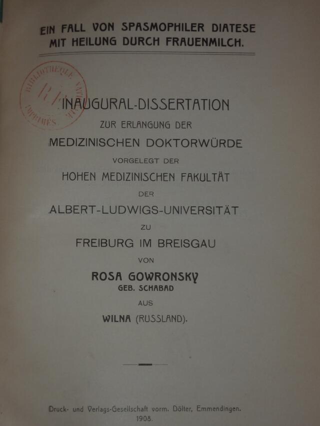 cover of a published dissertation from the Albert-Ludwigs-Universitat in Freiburg Im Breisgau, by Roza Gowronska (spelled Rosa Gowronsky here)