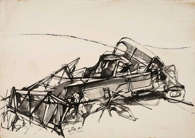 Ink drawing of a ruined car
