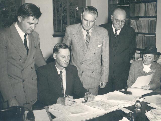 Afrikaans literary advocate Sarah Goldblatt with the translation committee of “Die Stem,” 1952.