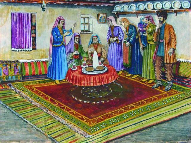 Georgian Jewish women cutting a wedding dress